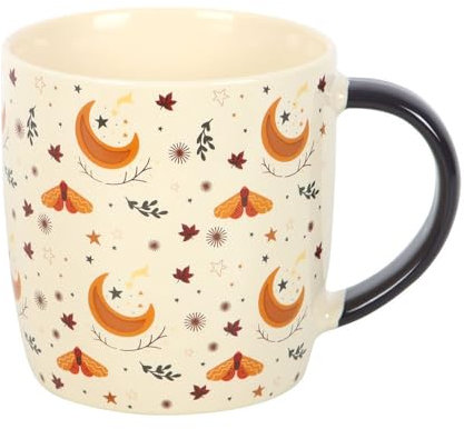 Autumn Magic Harvest Moon Print Mug, 340ml Ceramic Mug, Elegant Harvest Moon Design with Leaves and Golden Stars, Microwave Safe, Handwash Only, Ideal for Autumn Beverages
