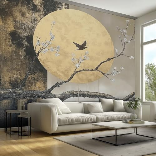 Bird Floral Wall Wallpaper Mural, Spring Flower Tree Branch Abstract Moon Pattern Non-Woven Wallpaper Mural, for Livingroom, Wall 150cmx105cm Art Print Murals