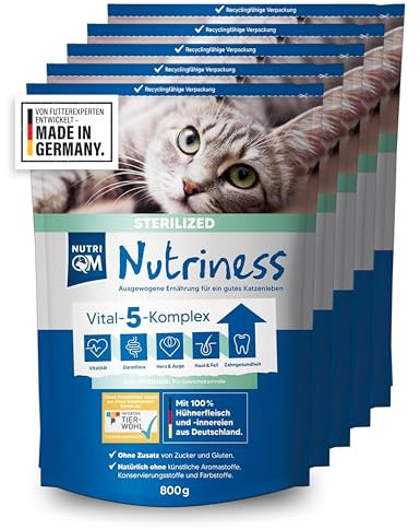 NutriQM® Nutriness Adult Trockenfutter Sterilized [5×800 g] – ohne Gluten & Zucker – glänzendes Fell & Starke Abwehr – für sterilisierte Katzen – Initiative Tierwohl Zertifiziert – Made in Germany