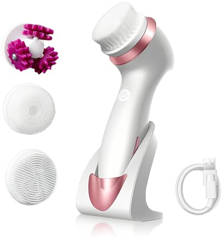3 in 1 Elektrische Gesichtsreinigungsbürste, Gesichtsbürste ＆ Gesichtsmassagegerät (Ladestation), 2-Stufige 360° Rotation, IPX7 Wasserdicht für Sanftes Peeling und Massage, Männer, Frauen (Rose Gold)