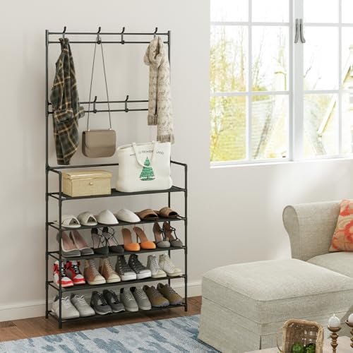 CROWNSHOP Coat Rack Stand with Shoe Rack and Free Standing Hall Tree with Shoes Storage Bench Removable Hall Tree Matte Steel Frame Hat for Storage Height 169 cm (Black)