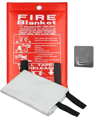 Feuerlöschdecke 1m x 1m, Löschdecke Küche – Feuerdecke für Fettbrände, Glasfaser Brandschutzdecke für Auto Zuhause Haushalt Schule Kamin Grill Büro - Fire Blanket mit Haken (1 Stück)