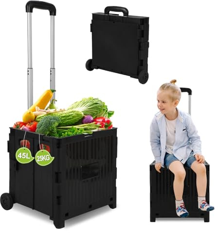 Vkechh Einkaufstrolley Klappbar, mit neigbarer Teleskopgriff & Deckel, 2 x Rollen, bis 35 kg, 45 Liter Kiste, Trolleys für Einkauf, Märkte und Camping, Schwarz