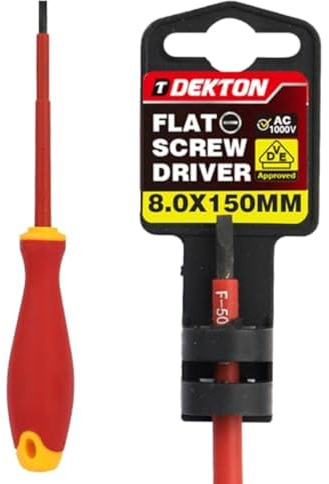 DEKTON Slotted VDE Screwdriver SL 1.2X8.0X150MM – VDE Certified to EN IEC 60900:2018 | Insulated to 1000V | Chrome Vanadium Shaft with Corrosion-Resistant Tip | Ergonomic Dual-Colour Handle