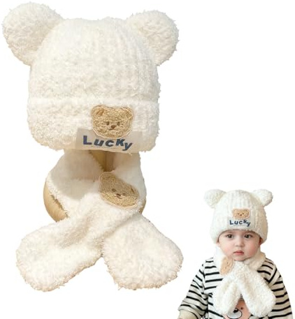 GHPKOTW Baby Mütze Schal Set, Unisex Baby Wintermütze Kleinkind Set, Warme Strickmütze und Schal für Jungen und Mädchen, Süße Bärenohren Winter Baby Set, Weiche Baumwolle-Futter Kinder Mütze Schal
