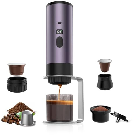 BELLA·BAYS Portable Espresso Maker, 3-in-1 Mini Coffee Machine, Self-Heating Travel Coffee Maker Compatible with Small and Large Capsules Camping for Camping, Hiking, Office & Home Use (Purple)