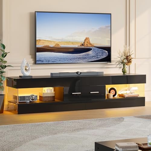 Bestier TV-Schrank für Fernseher bis 75 Zoll, Hochglanz-TV-Möbel mit Seitenwänden in Steinoptik, LED-Entertainment-Center mit großer Schublade, TV-Konsole für Wohnzimmer und Schlafzimmer (Schwarz)