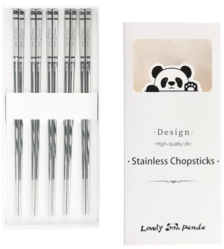 5 Pares Palillos de Acero Inoxidable, Palillos de Metal Aptos para Lavavajillas, Antideslizantes, Japoneses Chinos Coreanos, Set de Regalo Elegante para Cocina y Restaurante