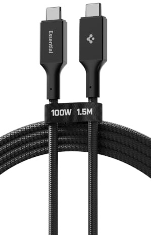 Spigen Essential 100W USB C Kabel, USB C auf USB C Kabel, Schwarz/1,5M | PD 3.0 Ladekabel, Nylon-geflochten, Schnellladekabel für iPhone 17, Samsung Galaxy S26, Google Pixel 11 Pro XL Fold, MacBook