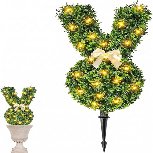 Osterhasen-Formschnitt mit LED-Lichtern, 54 cm künstliche grüne Pflanze im Topf, Buchsbaum-Dekoration für den Außen- und Innenbereich, inklusive Erdspieß für Terrasse und Veranda (mit Beleuchtung)