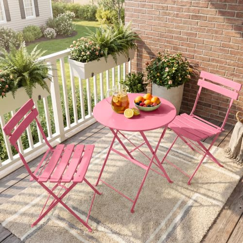 RELAX FIELD Folding Bistro Table and Chairs Set of 2, for Garden, Rose Red | 3 Piece Foldable Balcony Furniture, Weather Resistant Steel Frame, for Outdoor/Patio/Yard/Conversation