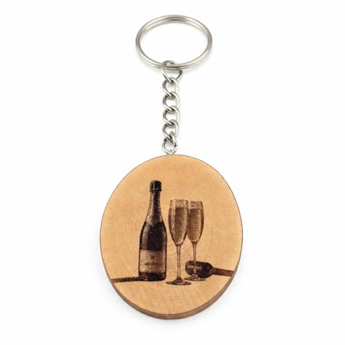 Promotech Champagne Bottles Wooden Keyring - Laser Engraved Keyring Gift Idea for Weddings, Birthdays & Special Occasions