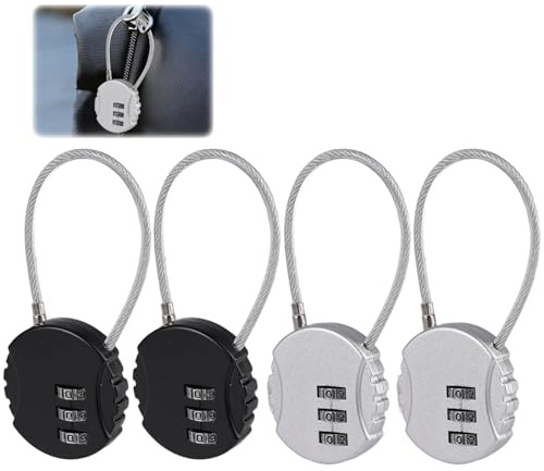 4 Piezas Candado Cable Combinacion con 3 Digitos | Candado Pequeño con Cable de Acero, Cerraduras de Equipaje de 3 Dígitos con Cable de Acero Flexible para Viajes, Mochilas
