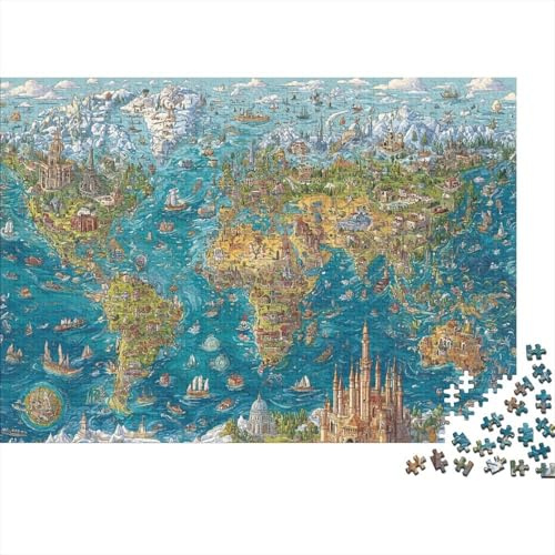 World Map Jigsaw Puzzle for Adults 1000 Piece Jigsaw Puzzle Hand Drawn Style Puzzle Game for Family Relaxation Home Decor 38x26cm/1000pcs
