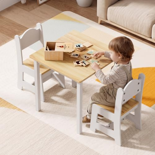 LEADZM Kindertisch mit 2 Stühlen，Kinder Tisch Stuhl set，Kindersitzgruppe | Für 2 oder 4 Stühle geeignet – Multifunktionstisch für Basteln, Snacks, Spiel- und Babyzimmer (Natur, mit 2 Stühlen)