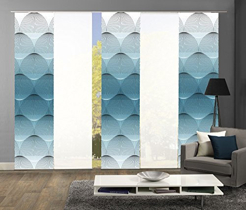 wohnfuehlidee 5er-Set Flächenvorhang, Deko Blickdicht, Arlena, Höhe 245 cm, 3X Dessin Petrol / 2X Uni weiß halbtransparent