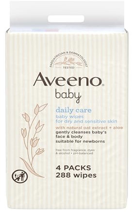Aveeno Baby Wipes Sensitive Skin, Cleanse Gently And Efficiently Baby Essentials, Pack Of 4 (288 Wipes In Total)