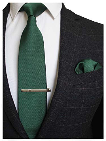RBOCOTT Green Silk Tie and Pocket Square, Necktie Tie Clip Set for Men, Dark Green, general