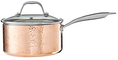 Premier Housewares Minerva Saucepan, Hammered Copper, Tri-Ply, Stainless Steel, Glass lid, 20cm