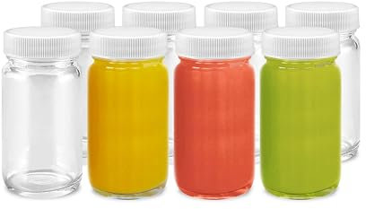 Juice Shot Bottles Set - Wide Mouth for Juicing, Beverage Storage, Liquids, 2 oz, Clear Glass with White Caps, Reusable, Leak Proof, Jars (8 pack)