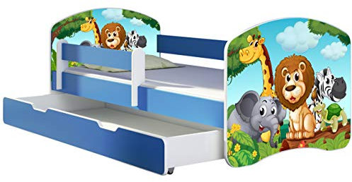 ACMA Kinderbett Jugendbett mit Einer Schublade und Matratze Blau mit Rausfallschutz Lattenrost II 140x70 160x80 180x80 (02 Animals, 140x70 + Bettkasten)