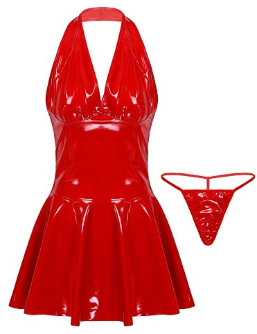 Aislor Damen Lack Leder Kleid Wetlook Kleid Kurz PU Leder Neckholder Minikleid Rückenfrei Partykleid Skater Rock Bodycon Party Gogo Clubwear M-6XL Rot M