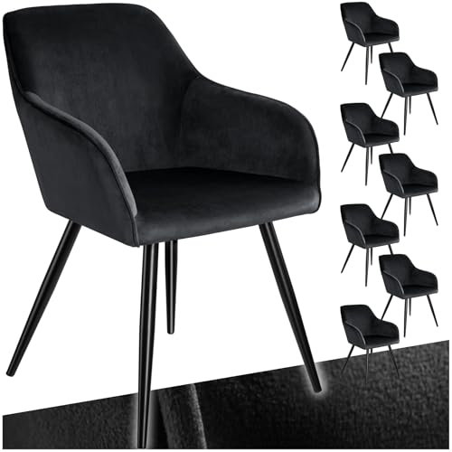 tectake® 8er Set moderner Esszimmer Stuhl, Esszimmerstühle mit Sitzfläche aus Samt, Armlehnstuhl, Sessel Wohnzimmer, gepolsterter Office Chair, Schminktisch Stuhl, gemütlicher Küchenstuhl - schwarz