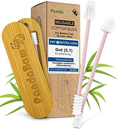 PandaBaw® 2 x Wattestäbchen Wiederverwendbar - [EXTRA WEICH] - Silikon Q-Tips Wiederverwendbare Wattestäbchen als Make-Up Entferner - Auch als Ohrstäbchen, Ohrenstäbchen wiederverwendbar – Pink