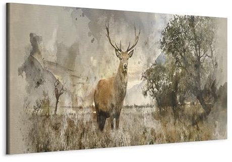 murando - Wandbilder XXL Hirsch 90x30 cm 1 tlg Wand Deko Leinwand Bilder Groß Wanddeko Wohnzimmer Schlafzimmer Kunstdrucke Panoramabild - Landschaft Natur Tier Wald Wiese wie gemalt g-B-0042-b-a