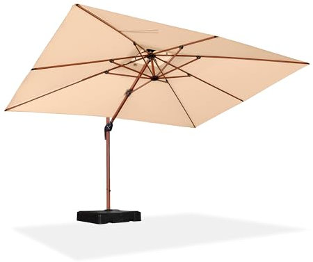 PURPLE LEAF Alu Holzoptik Ampelschirm Rechteckig 270 x 365 cm Rechteckig Sonnenschirm Groß 360°Drehbar Gartenschirm mit Kurbel, Beige