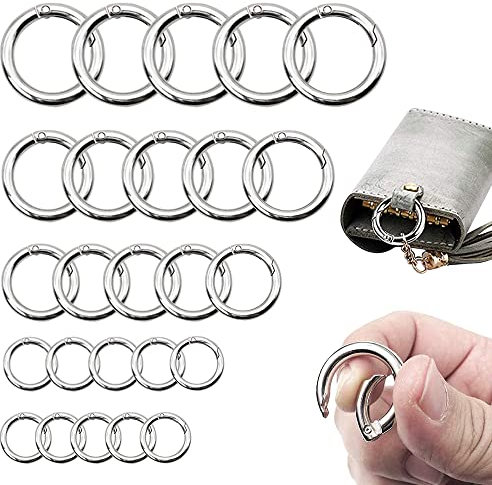 ZACUDA 25 Stück Rund Karabinerring O-Ring Biegering Sprungringe 13/17/19/25/32 mm Karabinerhaken Zinklegierung Schlüsselringe Snap für Brieftaschen, Kunsthandwerk, Handtaschen (Silber)
