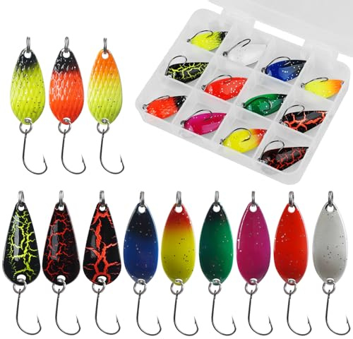 Fishing Spoon Lures Kit, 12pcs Hard Baits Metal Trout Spoon Lures Fishing Jigs Spinner Lures Single Hook Trolling Spoon for Trout Pike Bass Crappie