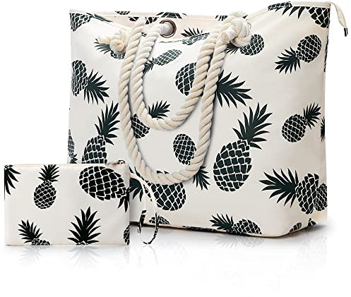 WLLWOO Strandtaschen für Damen, extra große Strandtasche, wasserdicht, sanddicht, Schwimmbad, Tragetasche, Urlaub, Strandtasche, Ananas, X-Large