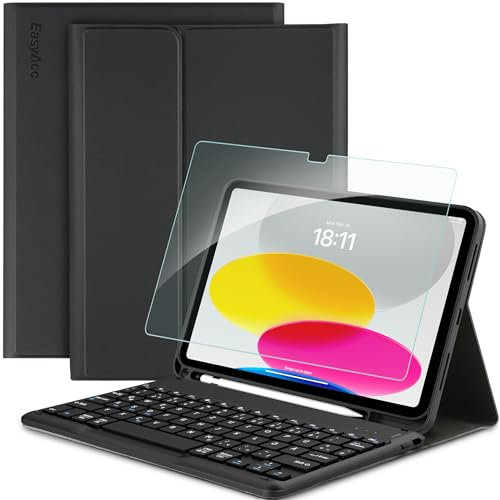 EasyAcc iPad 11 (A16) / 10 Generation Hülle mit Tastatur 11/10,9 Zoll 2025/2022 (A2757/A2777/A3356/A3355), Magnetisch Abnehmbarer mit Stifthalter Tastatur, Schwarz