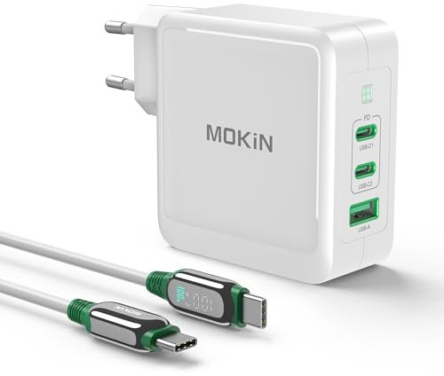 MOKiN 140W USB C Ladegerät Laptop, GaN USB C Netzteil Ladestecker mit 1.2M Display USB C Ladekabel, PD 3.0 PPS Schnellladegerät für MacBook Pro/Air M1/M2, Dell, HP, Lenovo, iPhone, Galaxy, Pixel