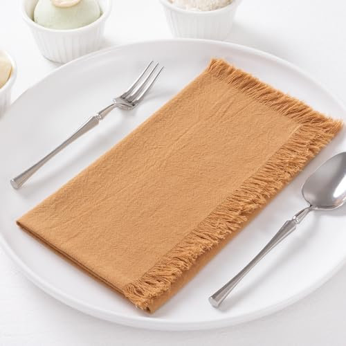DeZerlor 12 Stück karamellfarbene Baumwoll-Leinen-Servietten mit Fransen, Thanksgiving-Herbst-Stoffservietten, Boho-Stil, handgefertigt, für Hochzeit, Babyparty, Weihnachten, Partys, 43,2 x 43,2 cm