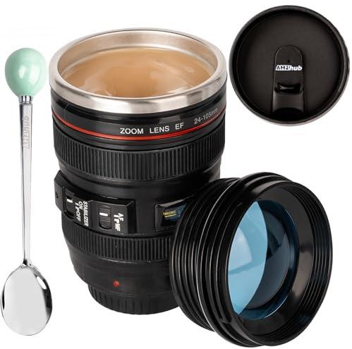 AMZHUB Camera Lens Coffee Mug, Camera Mugs Coffee Cup,Stainless Steel Lens Mug Thermos Camera Lens Mug with Lid and Spoon,Cool Gifts for Photographers Men and Women