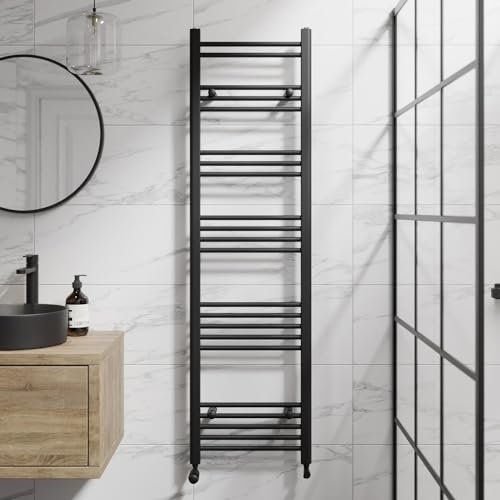 DuraTherm® 1600 x 450mm Flat Straight Heated Towel Rail Radiator Modern Central Heating Bathroom Warmer Wall Mounted Ladder Rad, Matt Black