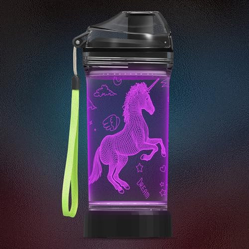 CoolGift Mart Regalos de unicornio para niñas, Botella de agua de unicornio 3D con luz, 14oz Tritan sin BPA - Taza para beber para niños - Navidad y Fiestas