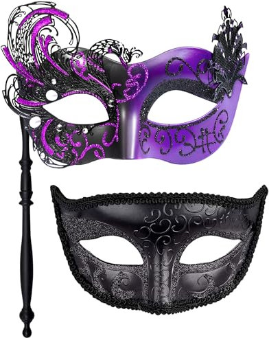 SIQUK 2 Stück Venezianische Maske mit Stab Maskerade Maske Paar Karnevalsmaske Augenmaske für Damen Herren Halloween Karneval, Schwarz & Violett