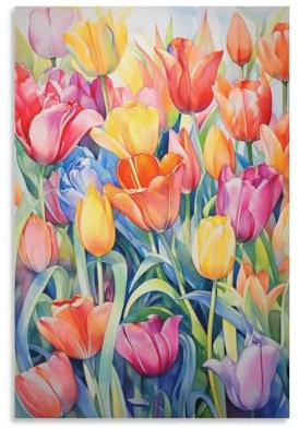 Rustikale Blumen Leinwand Wandkunst für Schlafzimmer Bunte Retro Tulpe Pflanzen Wanddekoration Poster für Zimmer Ästhetisch