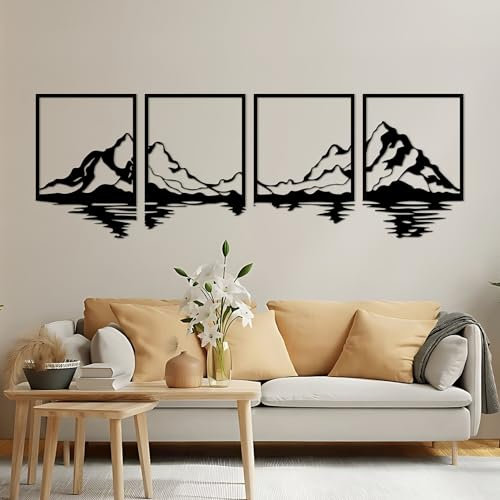 ESTART 4 Stück Metall-Berg-Wandkunst, große Berge Wanddekoration, Bergflüsse, dekoratives Gemälde, geeignet für Wohnzimmer, Schlafzimmer, Büro, drinnen und draußen (Bergwald, groß)