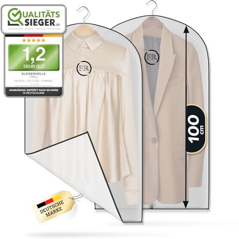 FiRiO® 2 x Premium Kleidersäcke mit Reißverschluss - Transparente Kleiderhülle für Anzug, Hemd & Co - Kleidersäcke mottensicher, atmungsaktiv & wasserfest - Kleiderschutzhüllen - Größe: 100x60cm