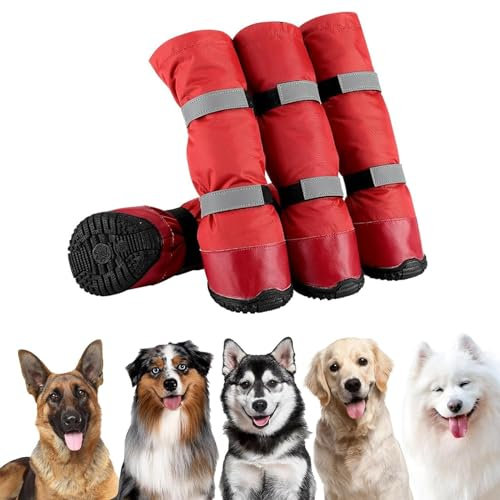 YPDOPORA 4 Pezzi Stivali da Pioggia per Cani Stivali Riflettenti, Stivali da Pioggia per Cani Impermeabili Scarpe da Neve per Cani con Pile Caldo, Cinghie Riflettenti E Suola Antiscivolo,Rosso,M