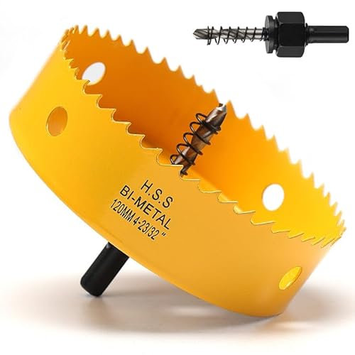 Sega tazza 120mm, bi-metallica sega a tazza per legno, frese a tazza per metallo con adattatore esagonale e punta di centraggio per ferro, alluminio, legno, cartongesso, giallo