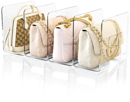 Gsycle Closet Bag Divider Organiser, Stackable Clear Acrylic Handbag Storage Shelf Dividers Purse Separator Closet Handbag Organizer for Bedroom Kitchen Cabinet Shelves (Four Squares)