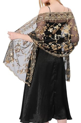 Asudaro Braut Abend Schal Wrap Schal Abendkleid Stola Pailletten Verschönerung Schulter Schal Camisole Schal für Formale Anlass Strand Hochzeit Urlaub Party Bankett Prom schwarz golden