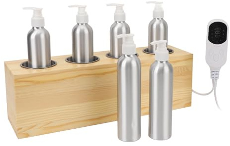 4 Bottles Oil Warmer Dispenser, Quick Heating Massage Oil Warmer with Temperature Control, Multi Functional Lotion Warmer with Essential Oil Bottles for Aromatherapy Experience