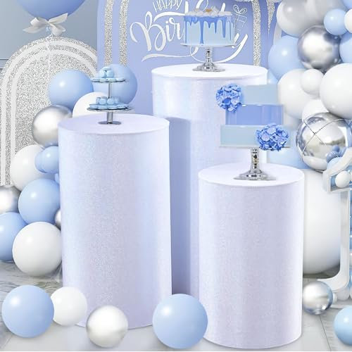 QueenDream Glitzernde Standabdeckungen für Party, 3 Stück, silber-weiß, Zylinder-Säulen, Sockel, Displaybox, Ständer, Abdeckung für Hochzeit, Babyparty, Dekoration