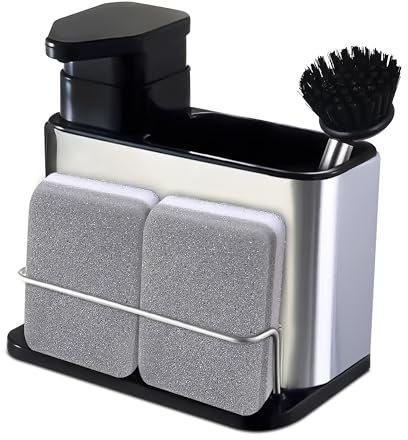 Organizador Fregadero Cocina con Cepillo y Estropajo, Dispensador Jabón Cocina de Acero Inoxidable y Porta Esponja, Organizador Estropajo Fregadero, Dispensador de Jabón Cocina y Soporte para Esponja